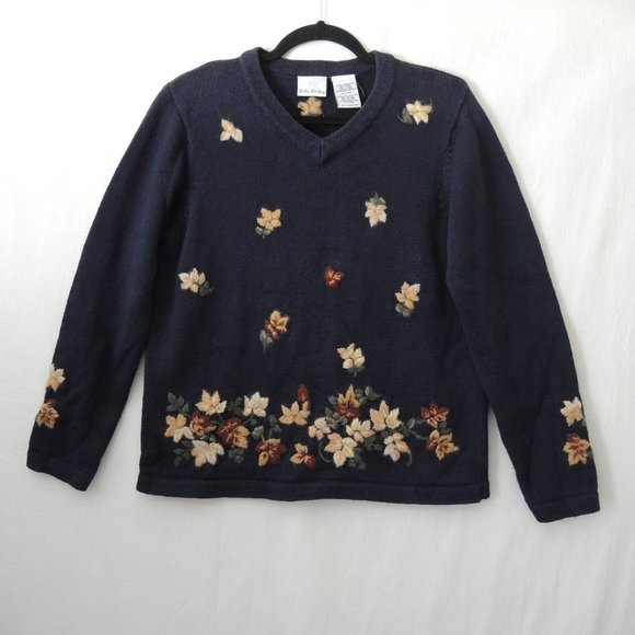 Bobbie Brooks Embroidered Sweater Dark Blue with Flowers & Leaves Size Medium - Picture 1 of 10
